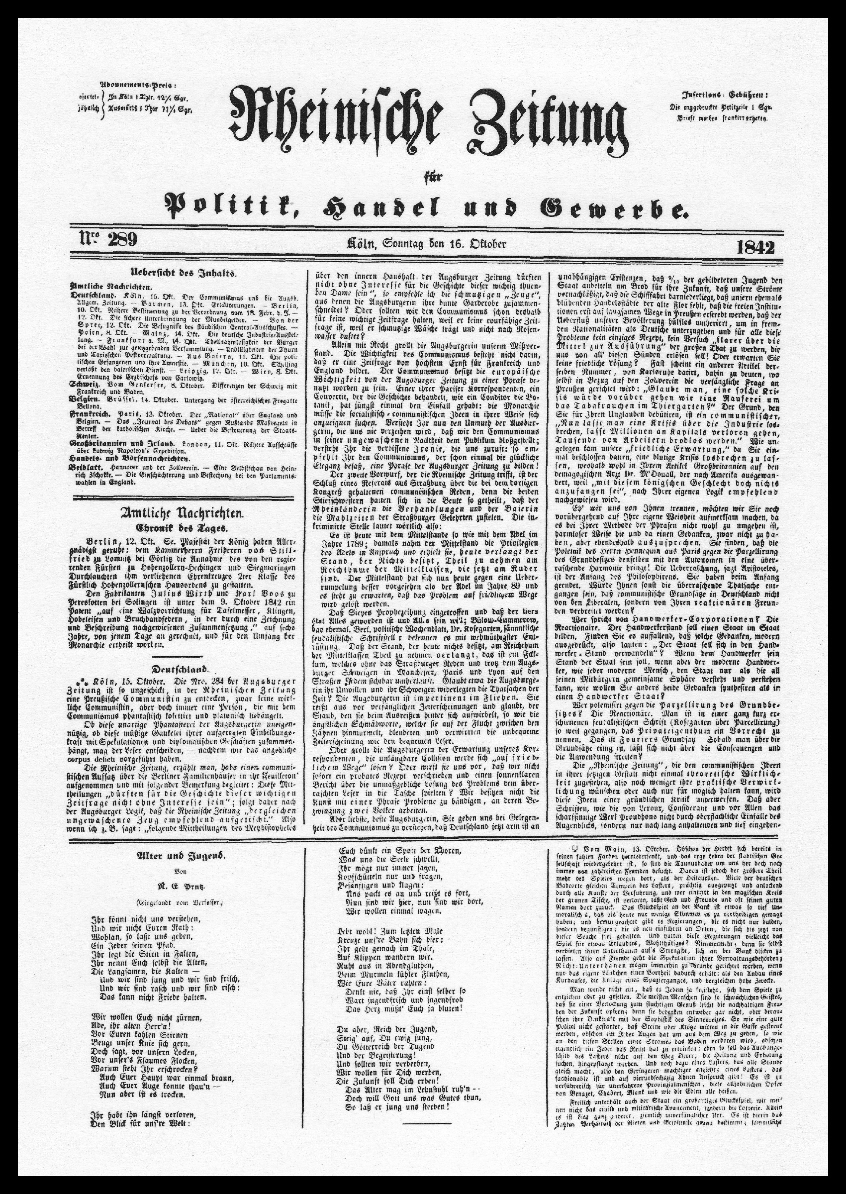 Imagem Rheinische Zeitung für Politik, Handel und Gewerbe - Von Autor/-in unbekannt - http://www.marxists.org/archive/marx/works/cw/volume01/01-217.gif / http://www.marxists.org/archive/marx/works/subject/newspapers/rheinische-zeitung.htm, Gemeinfrei, https://commons.wikimedia.org/w/index.php?curid=1545325